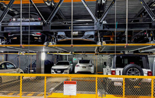 close-up view of a 3-level tandem deep puzzle parking system