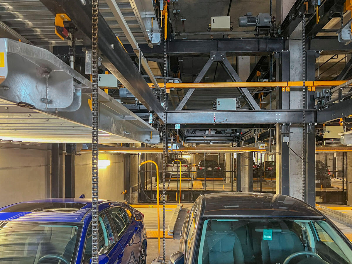 close up view of mechanical parking system in the Kissel Hotel, Oakland